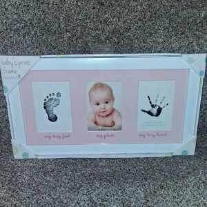 Baby's Photo, Hand, And Foot Print Frame with Pink Border